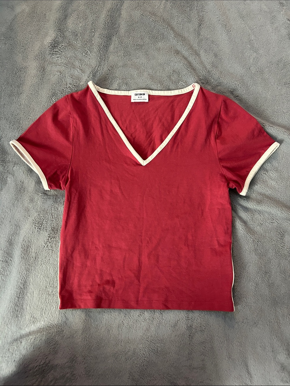 Cotton On Red V-Neck Ringer Short Sleeve Tee with Cream Trim